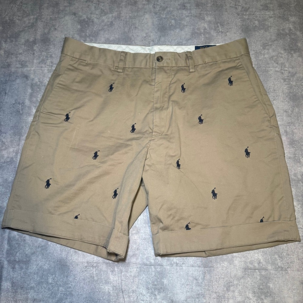 Polo Ralph Lauren Mens 33 Khaki Tan All Over Pony Embroidered Chino Shorts